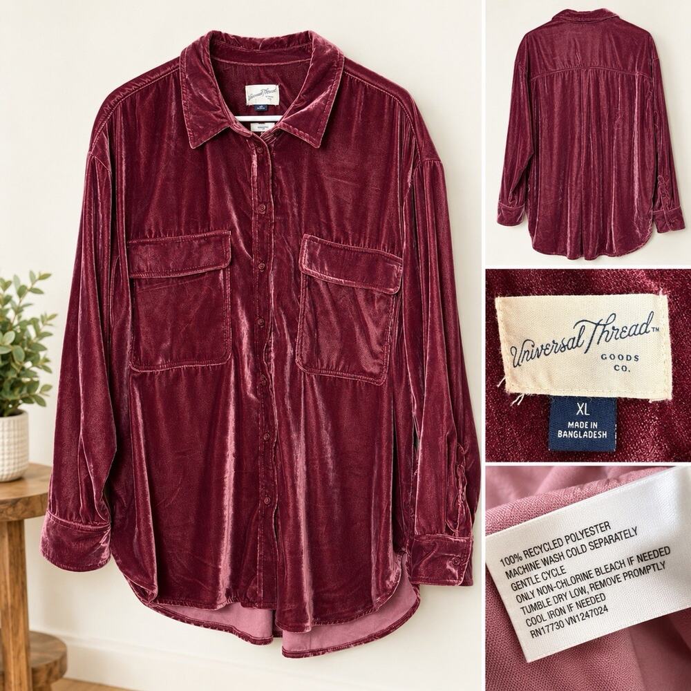 Universal Thread Size XL Burgundy Velvet Velour Oversized Shirt Shacket Button